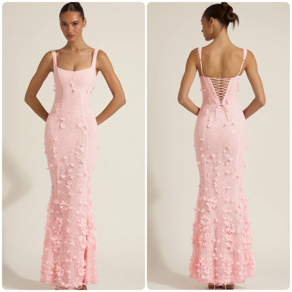 Oh Polly Vasanta Embellished Fishtail Corset Gown Maxi Dress in Pink size 2